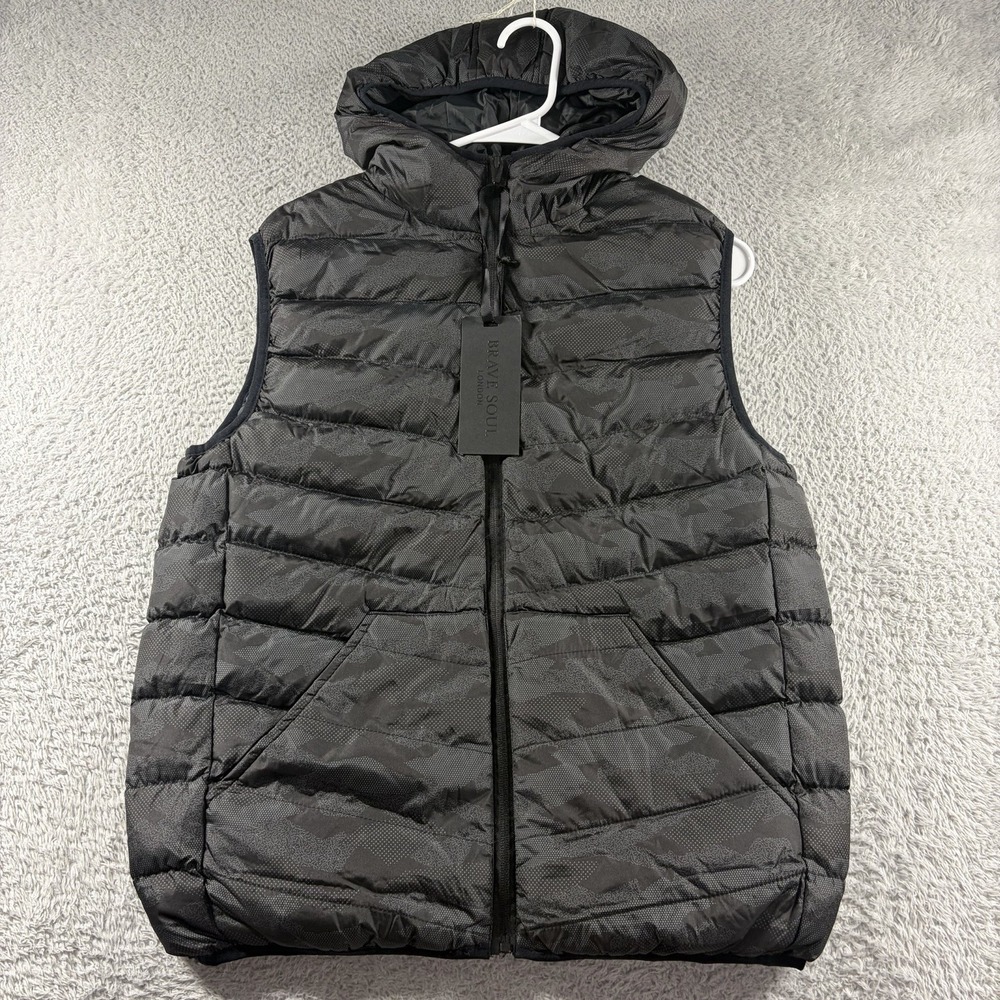Brave Soul Puffer Vest Bubble Jacket Womens Medium Black Pattern Hooded NWT